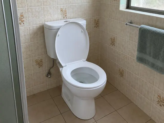 Clean white toilet in a tiled bathroom with towel rail and window in Eastlakes